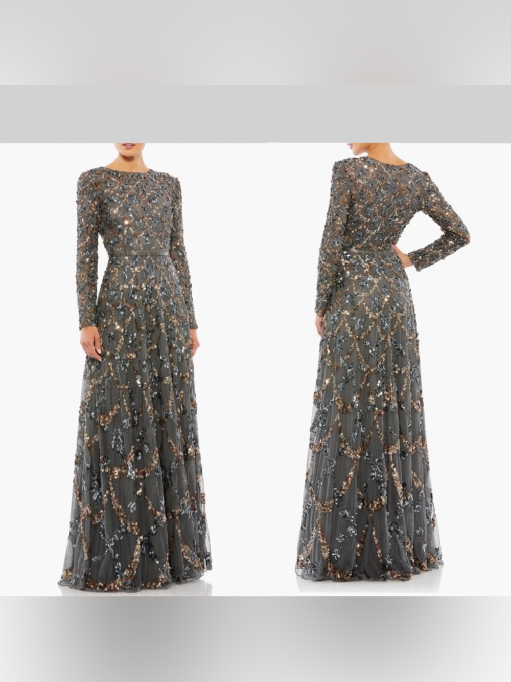 MAC DUGGAL 5496 BEADED LONG SLEEVE A-LINE CHARCOAL GOWN Size 2 NWT